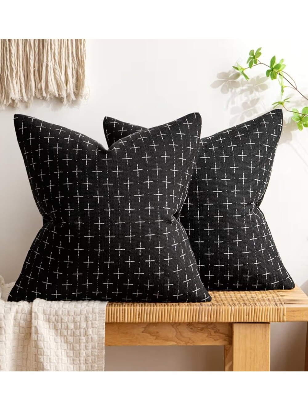 Miulee NWT 2pc 18" Burlap/Linen Look Throw Pillow Covers In Black & Cream